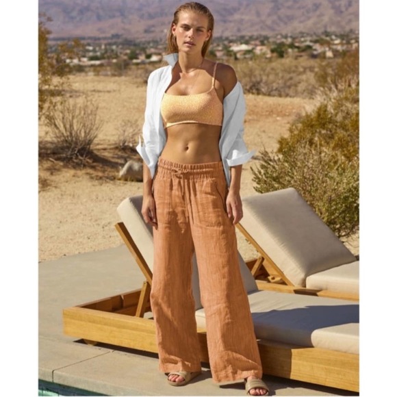 Athleta Cabo Linen Textured Wide Leg Pants Rain Dance Seina Beige - Picture 15 of 15